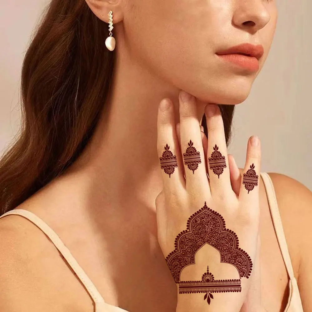 ملصقات وشم حناء بني مقاومة للماء للنساء على شكل زهرة وشم مزيف فوري لليد وشم مؤقت لمهرجان الزفاف