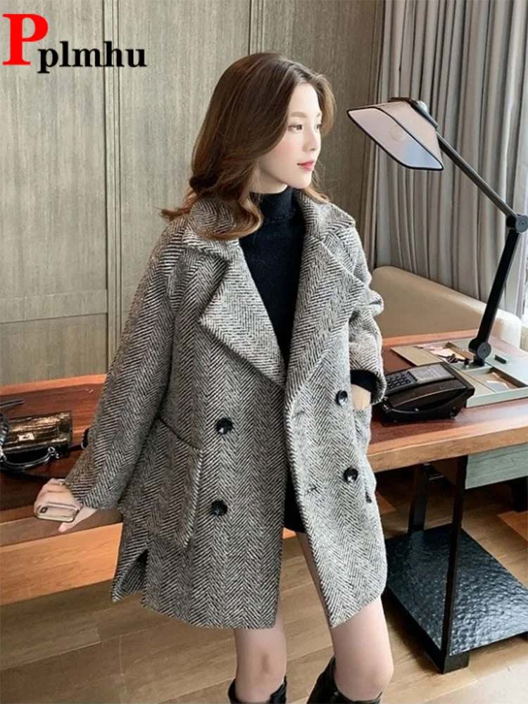 

Женские повседневные мешковатые утепленные куртки, корейская мода, однобортный шерстяной костюм, пальто в стиле ретро, шерстяные Chaquetas средней длины Casaco