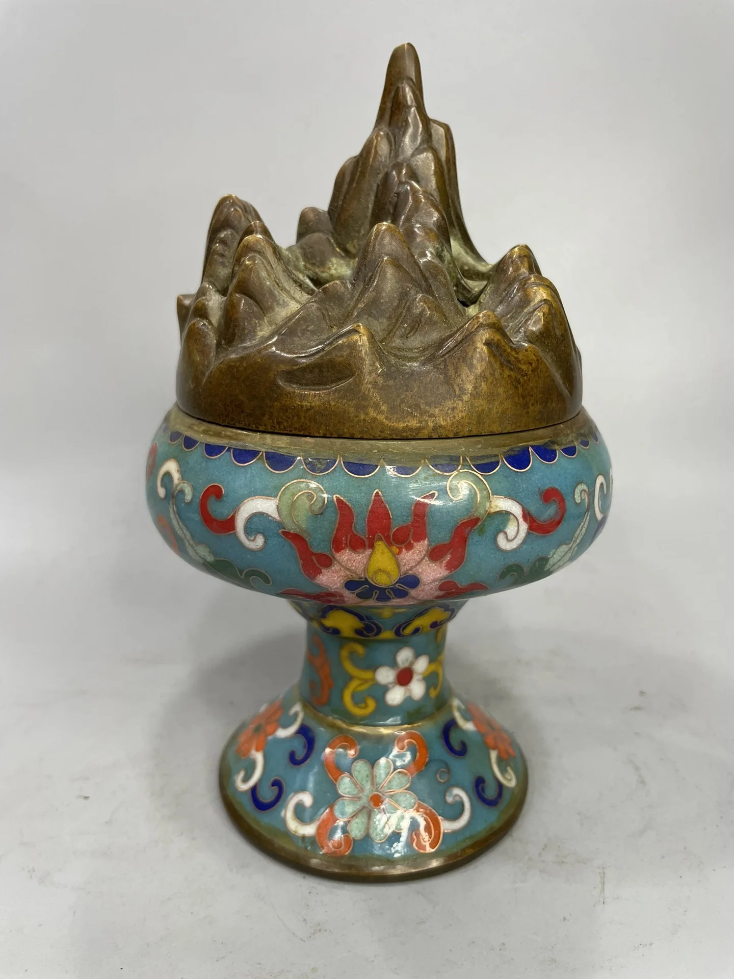 

8"Tibetan Temple Collection Old Bronze Cloisonne Enamel Lotus Pattern Boshan Censer incense burner Amass wealth Ornaments