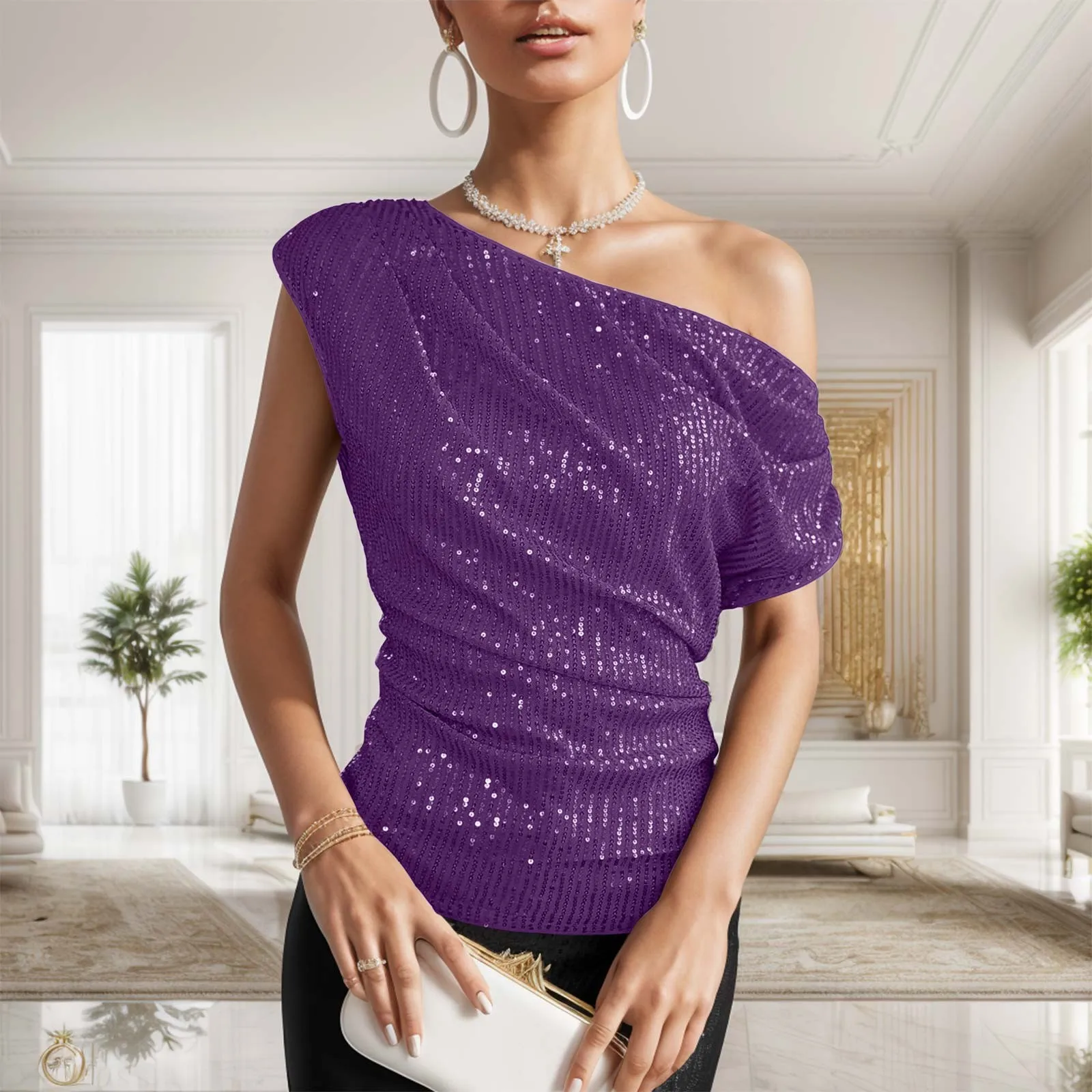 One Shoulder Sequin Sparkly Tops For Women Ruched Asymmetrical Glitter Tops Slimming Sparkle Party Shirts Pullover