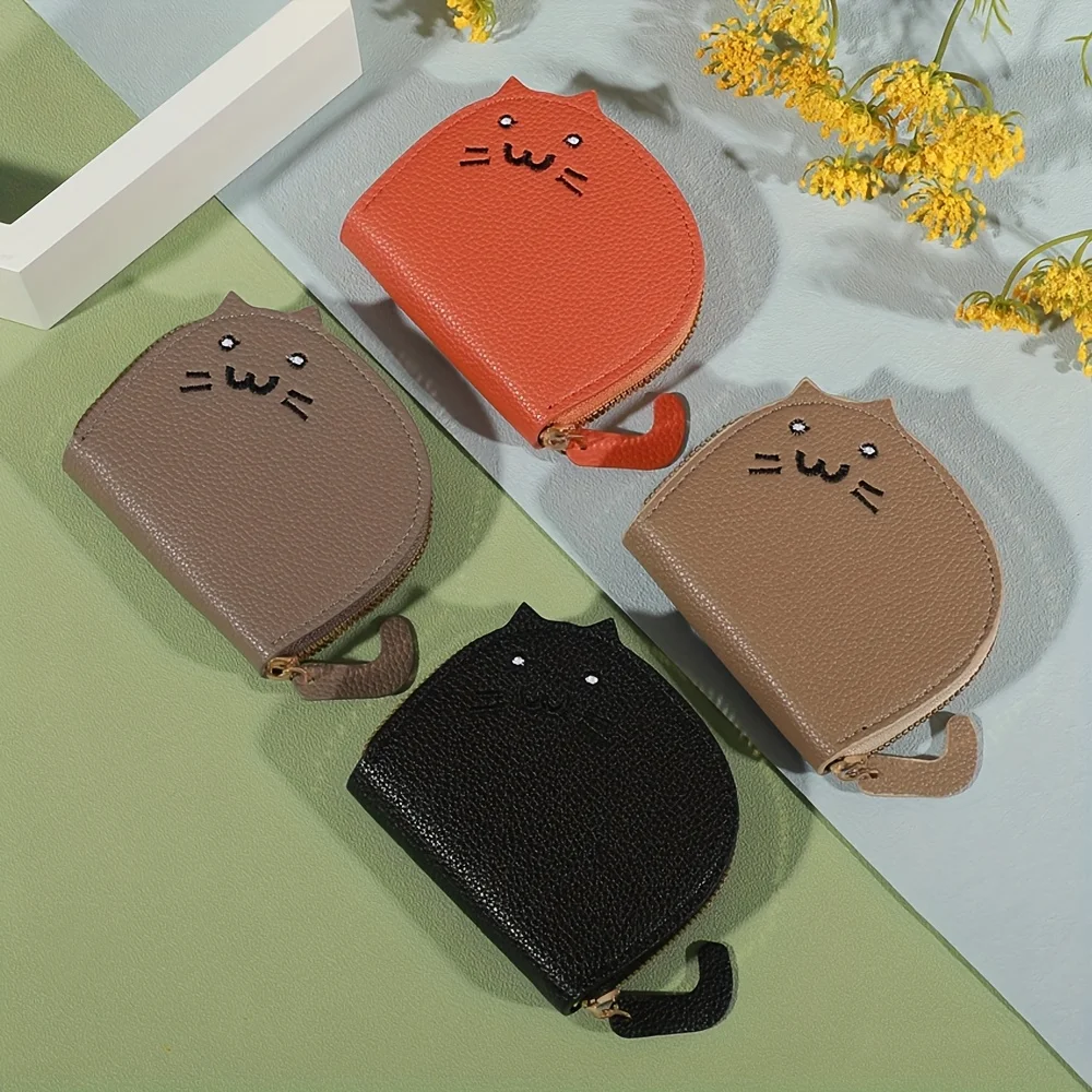 Niedliche Geldbörse in Katzenform, PU-Leder Münzbörse mit Reißverschluss, Mehrere Kartenfächer, Briefumschlag-Design, Polyester-Futter