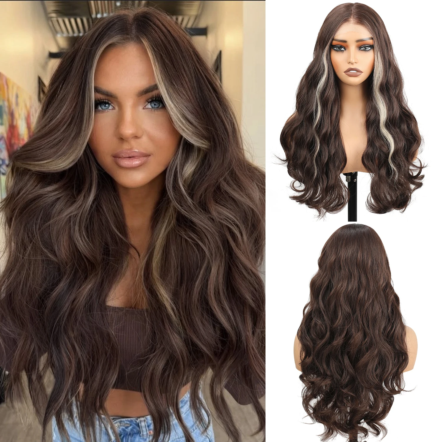 

NAYOO Chocolate Brown Highlight 13 ×4 HD Lace Front wigs 26 Inch Long Wavy Soft Synthetic Wig for Women Daily/Cosplay/Halloween