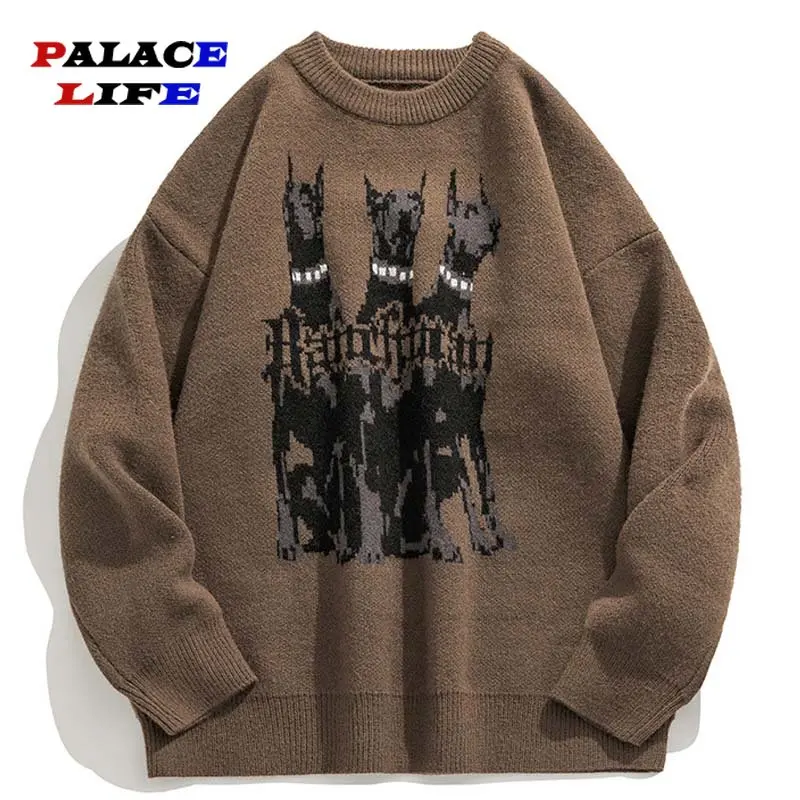 Doberman Dog Knitted Sweater Men Y2k Streetwear Oversize Pullover Vintage Graphic Knit Male Jumper Women Winter Casual Sweaters