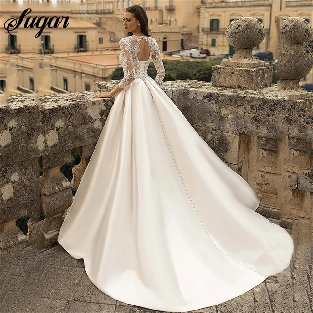 Illusion o Hals Hochzeits kleid lange Ärmel Applikationen Brautkleider Pocktes Satin Vestido de Novia rücken freie Schnürung Brautkleid