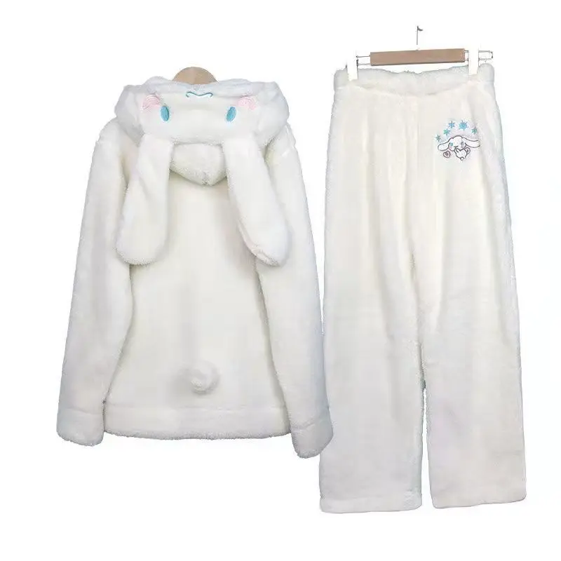 

Kawaii Cinnamoroll Sanrio Winter Outerwear Cartoon Cute Fluffy Pajamas Warm Trousers Two Comfortable Coats Gifts for Kids