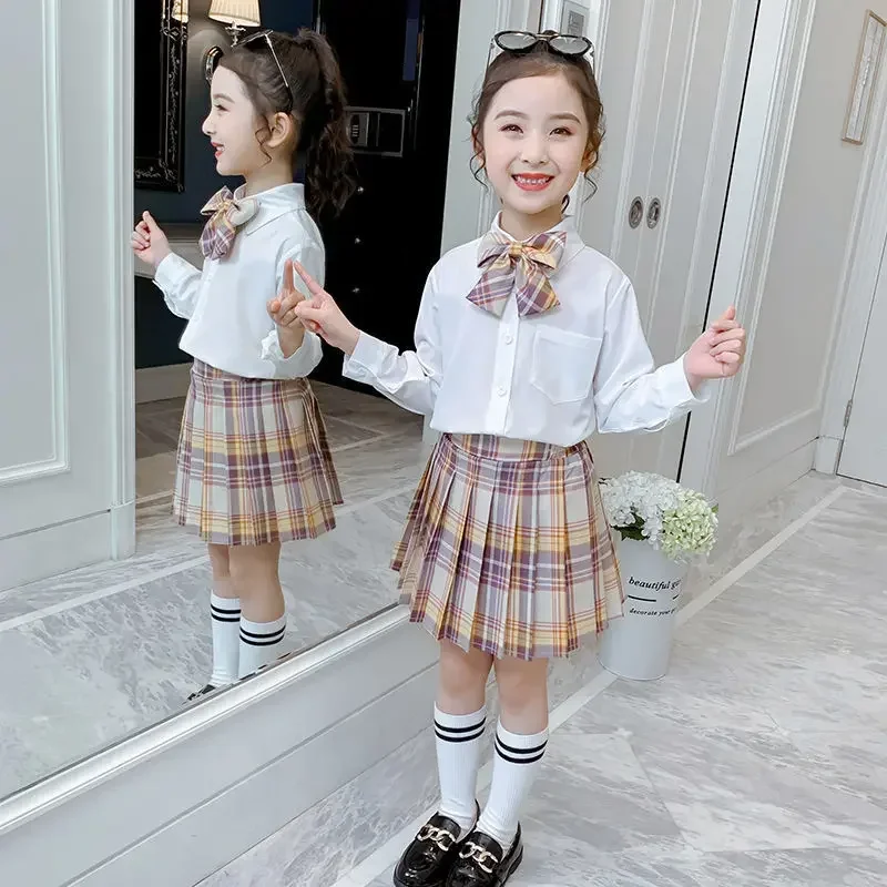 Children Girl Uniform Pleated Skirts Japanese School Uniform High Waist A-Line Plaid Skirt Cute Jk Uniforms For Girls Full Set