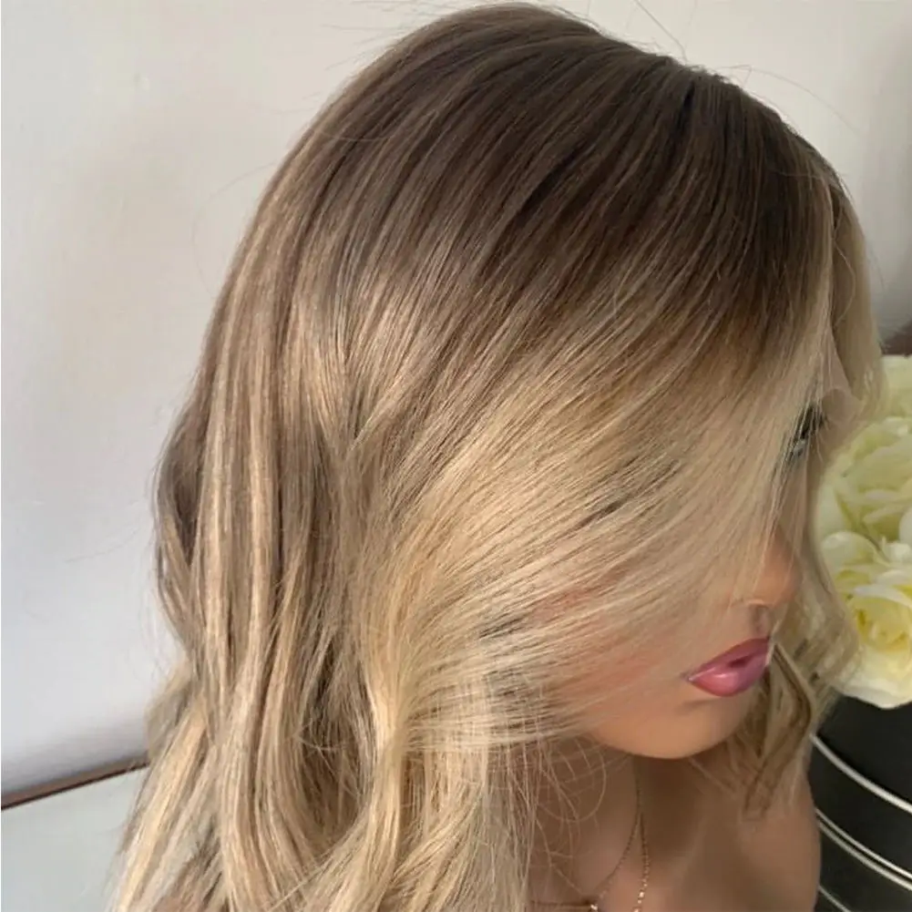 Highlighted Wig Virgin Human Hair Shoulder Length Natural Wave Wig Ash Blonde Roots Glueless 13x4 Lace Front Wig PrePlucked