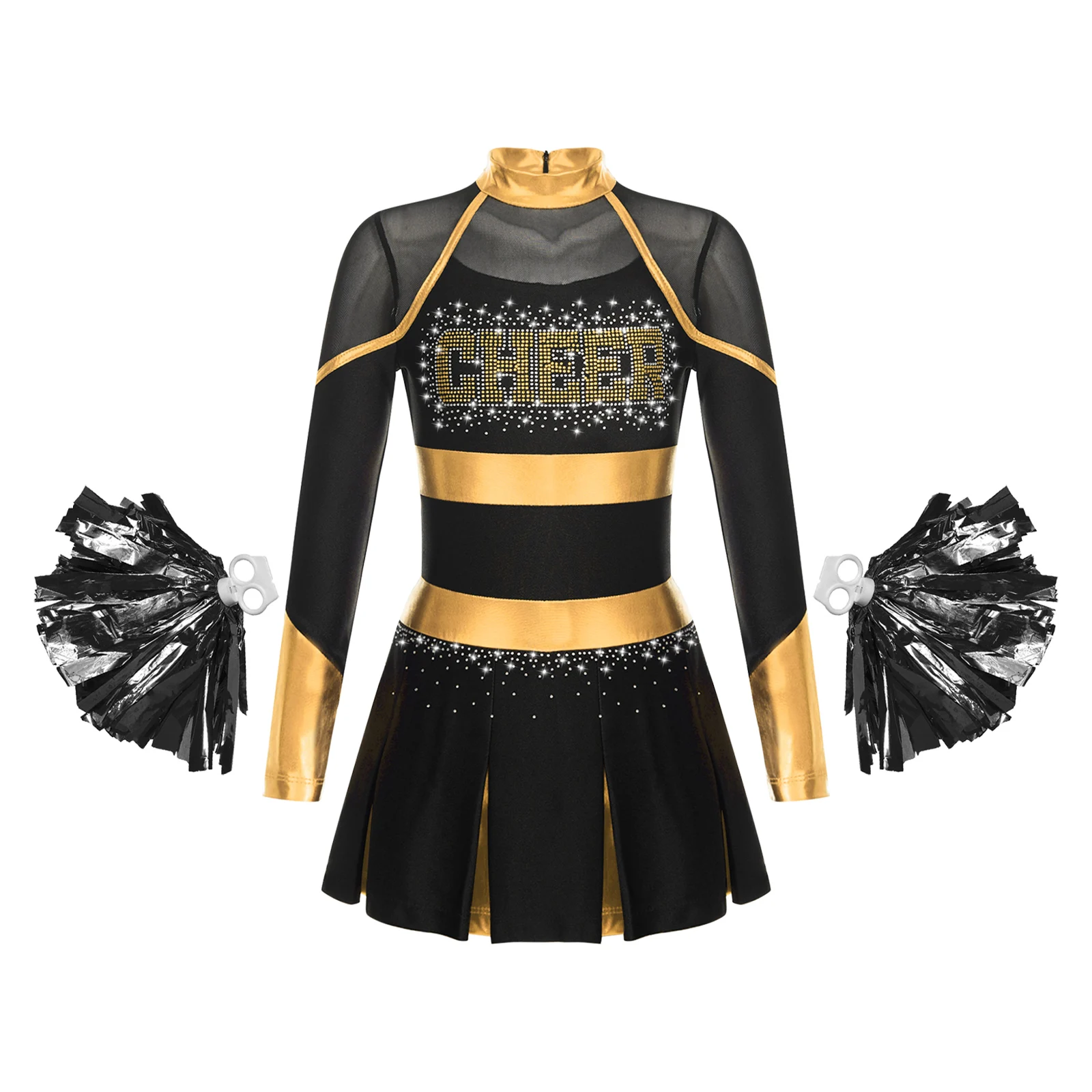 Kinder Mädchen Cheerleading Uniform Cheerleader Tanzkostüm Glitzernde Strasssteine Metallic Plissee Kleid mit 2 Stück Handblumen – Detail 28