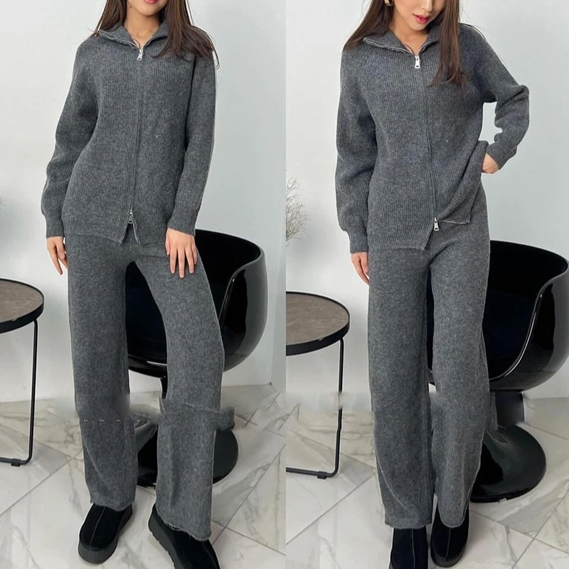 Women Pant Set Two Piece Sets Jogger Turn Down Collar Knit Tracksuit Tops Wide Leg Long Pants High Waist Y2k Streetwear Elegant