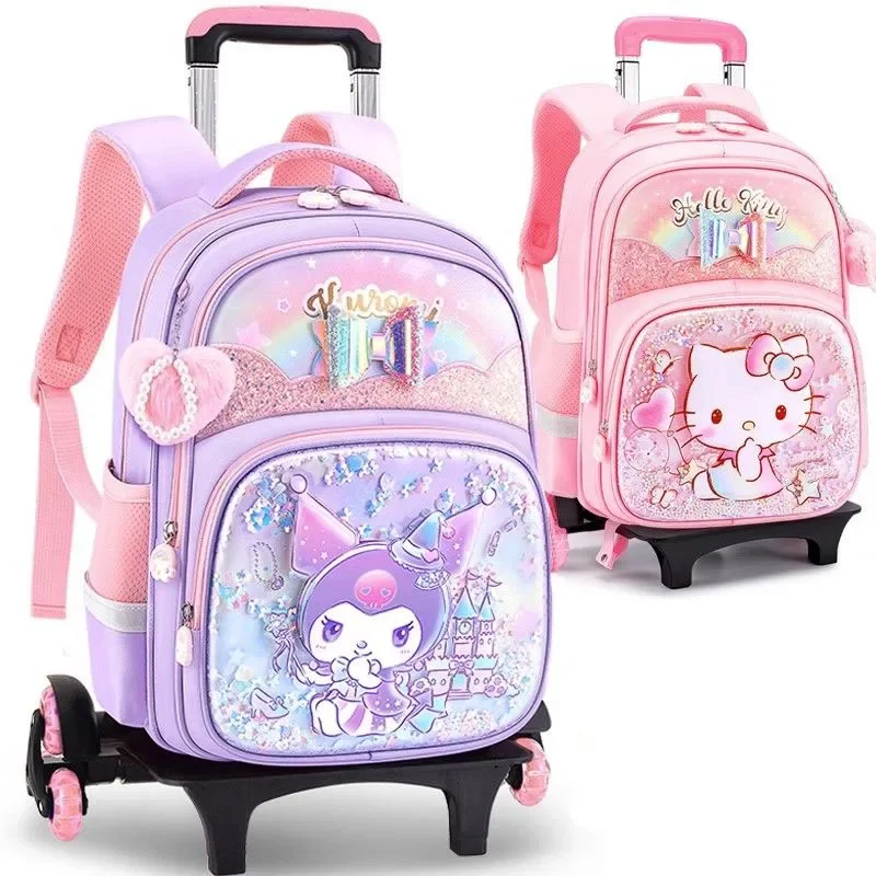 Schoolbag Sanrios Anime Hellokittys Kids Trolley Bag Kuromi Student Backpack with Wheels Save Effort High Capacity Durable Gift