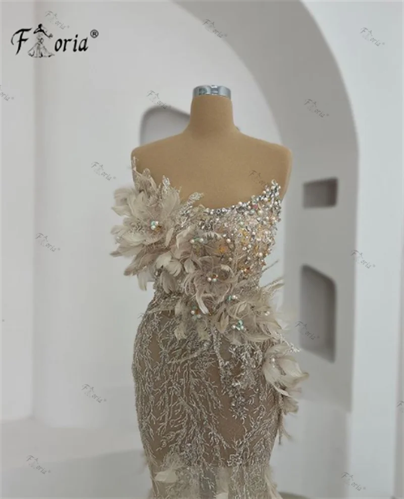 Ilusión Champane sirena vestido de ocasión Formal, encaje de plumas, hasta el suelo, Vestidos de noche, apliques 3D, Vestidos de graduación, Vestidos hechos a medida