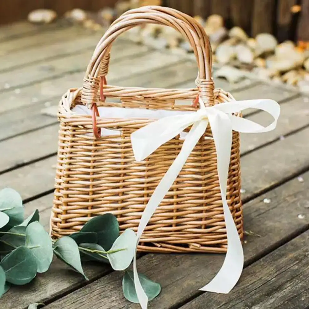 Wicker Flower Basket Rustic Style Woven Handbag Handmade Rattan Woven Trendy Concise Women Handbag Picnic Fabric Rattan Basket