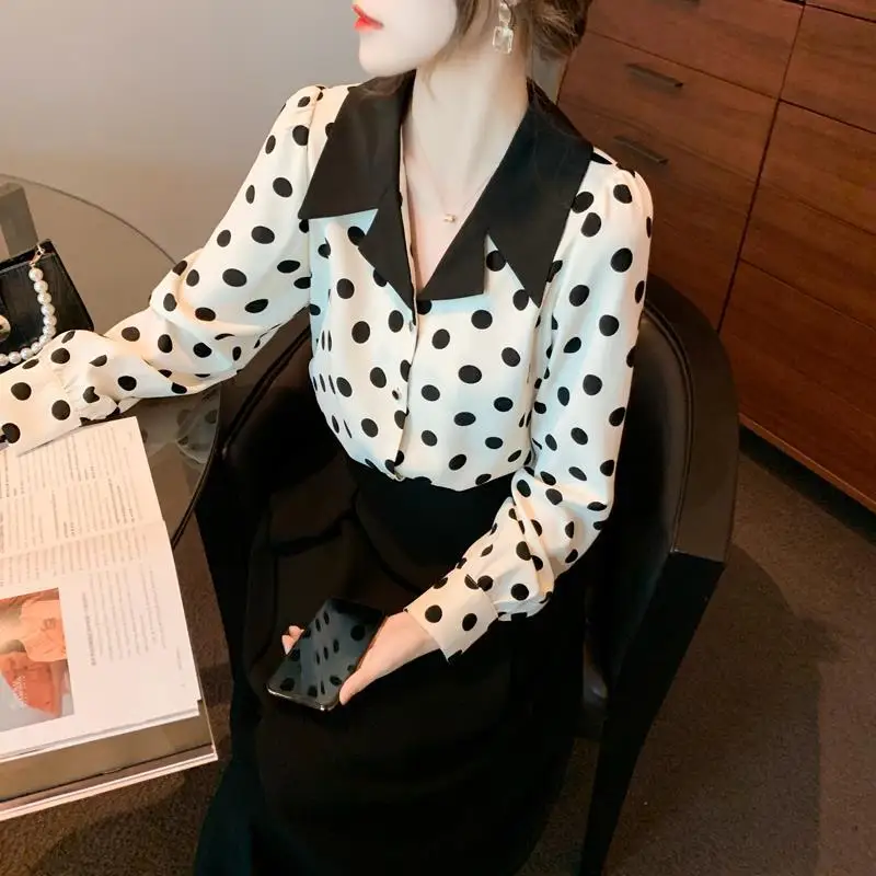 Spring Autumn Tailored Collar Long Sleeve Fashion Shirt Women High Street Casual Polka Dot Printing Button Cardigan Elegant Tops