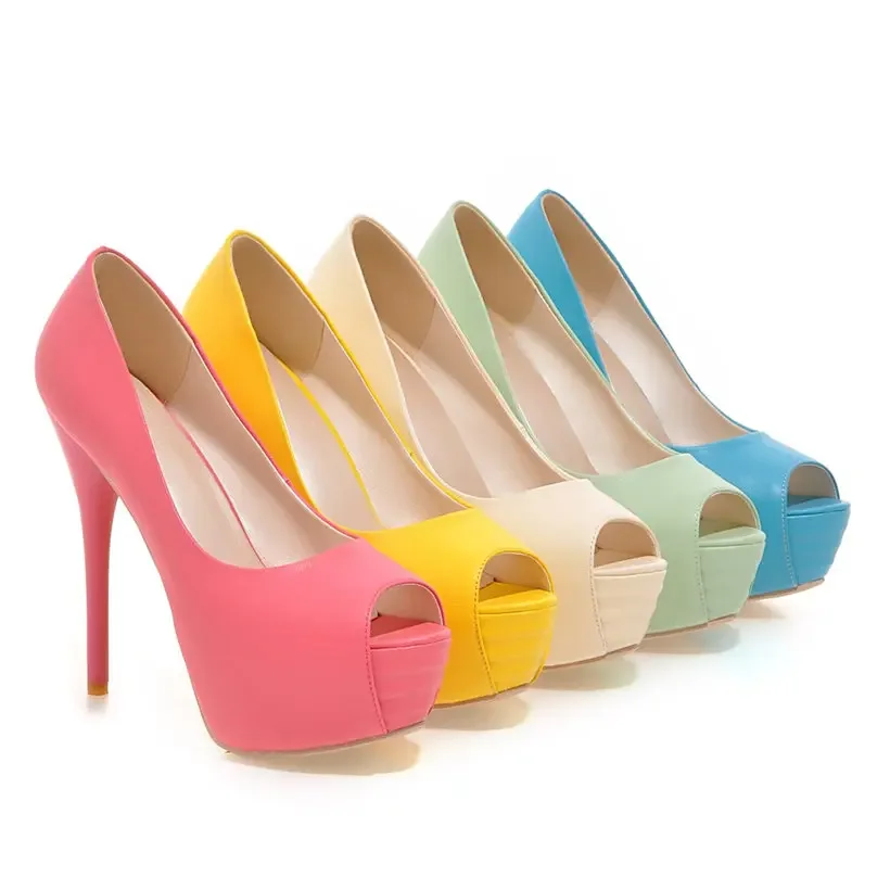 Summer Peep Toe Women Platform Pumps High Heels Sandals Yellow Green Beige Wedding Office Club Dress Ladies Thin Stiletto Shoes