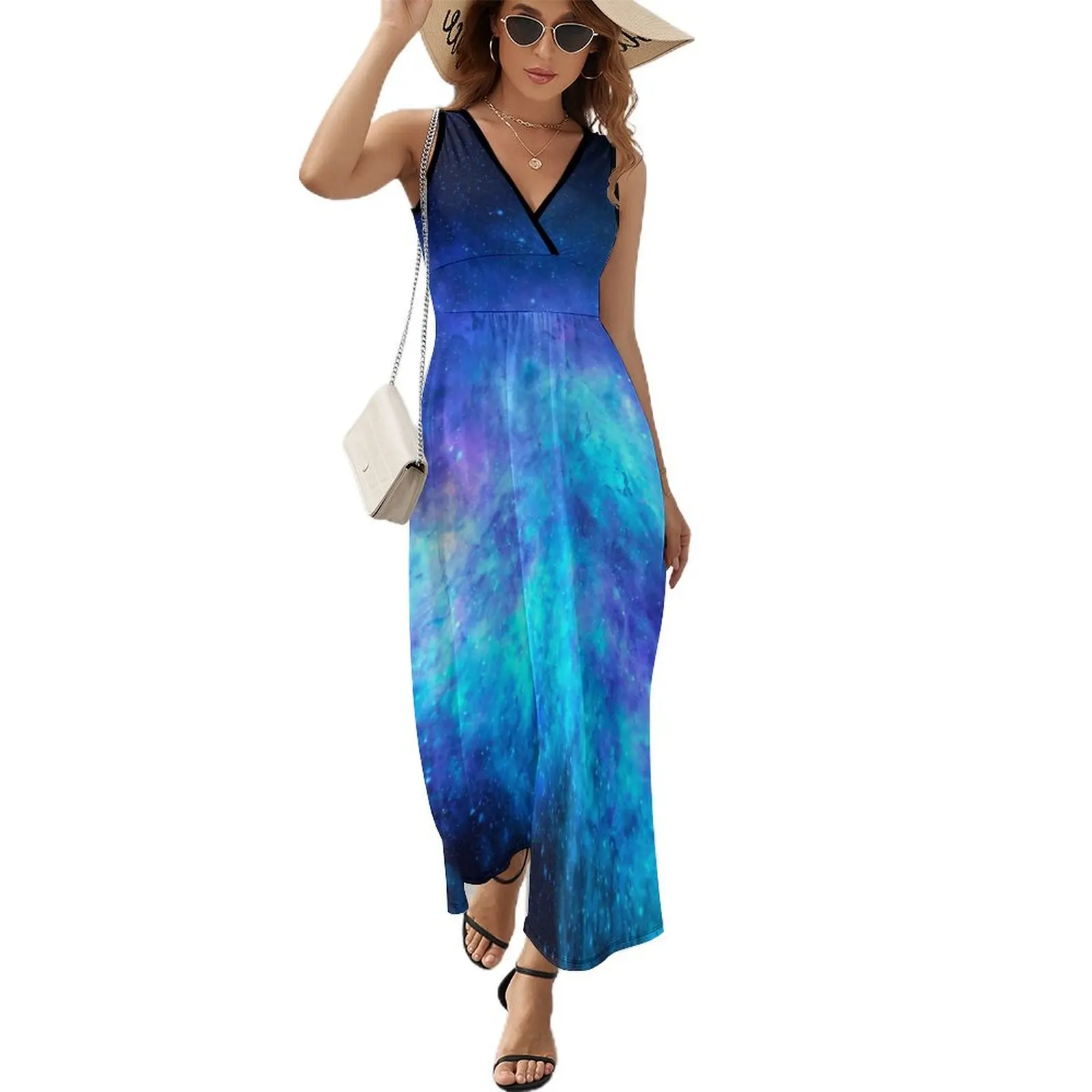 

Blue Galaxy Print Dress Space Stars Modern Maxi Dress Street Wear Bohemia Long Dresses High Waist Custom Oversized Vestidos