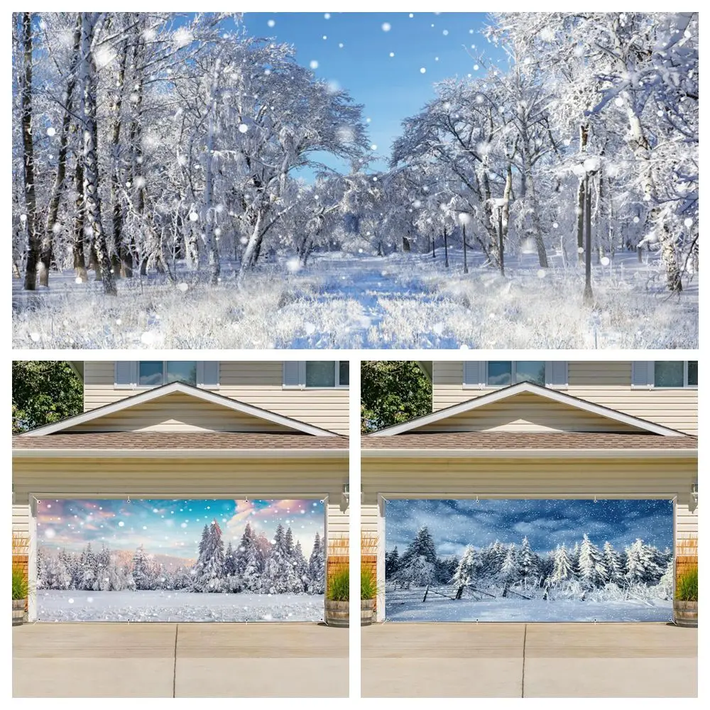 

Winter Snow Forest Scenery Garage Door Decoration Banner Backdrop White Snowy Snowflake Tree Xmas Holiday Party Decor Background