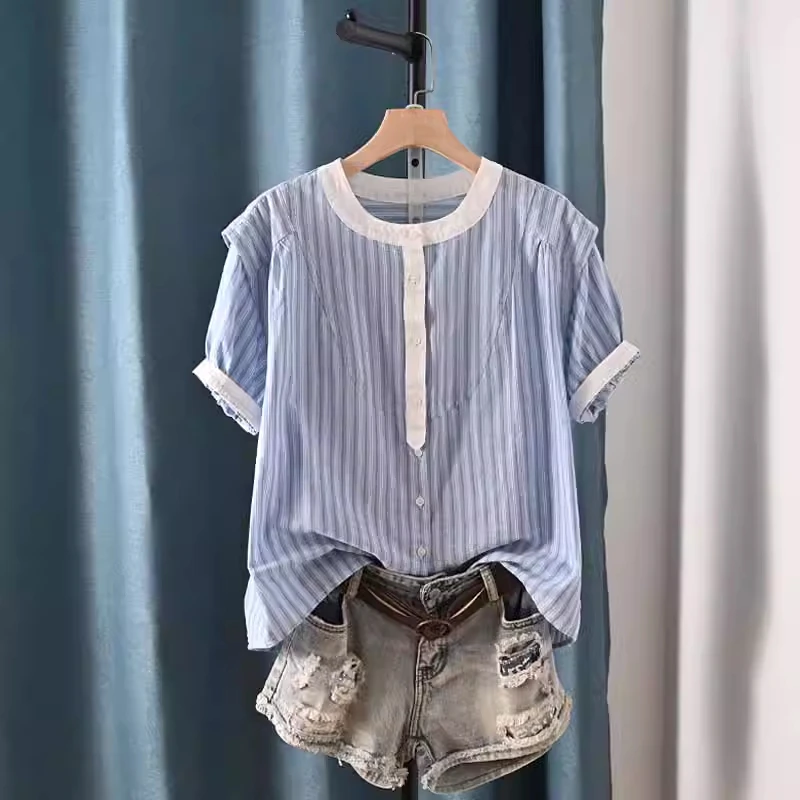 Women Striped Blouse 2024 Summer Elegant Shirts Casual Loose Short Sleeve Fashion Button Up Tunic Tops Blusas Femininas