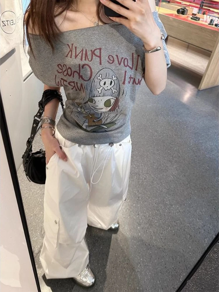 

Deeptown Gray Women T-shirts Off Shoulder Anime T-shirts Casual Letter Printed Short Sleeve T-shirts Korean Fashion Cute Sweet