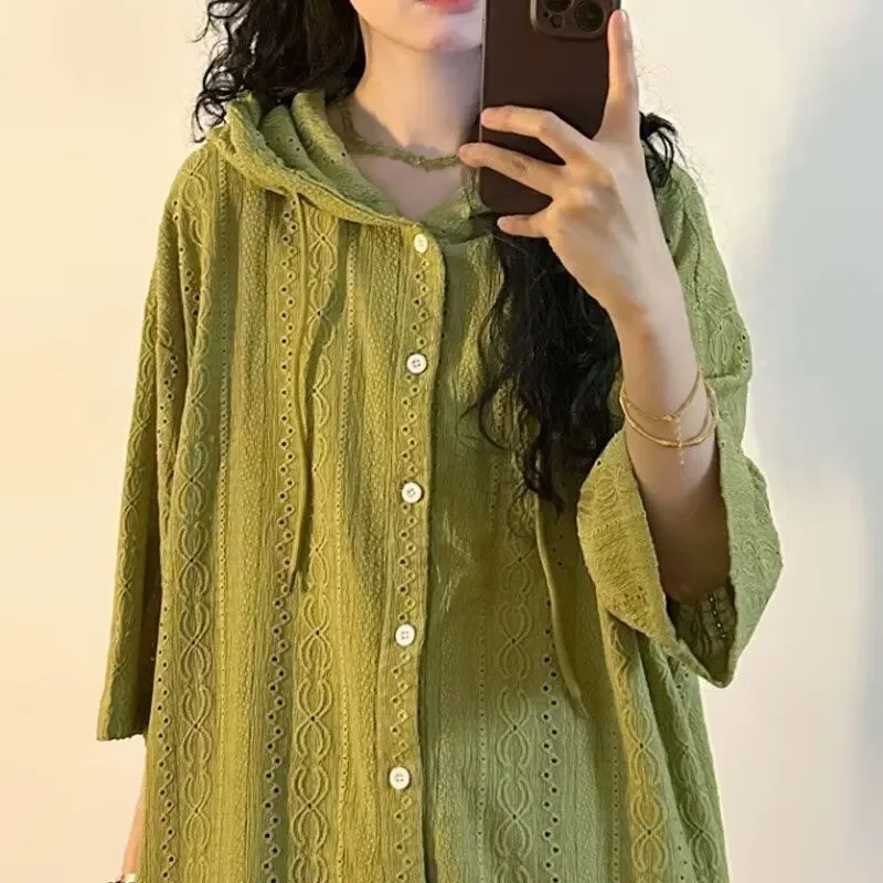 Women Hooded Loose Geometric Hollow Out Embroidery Shirt Casual Boho Style Three Quarter Sleeve Mid Length Lightweight Summer