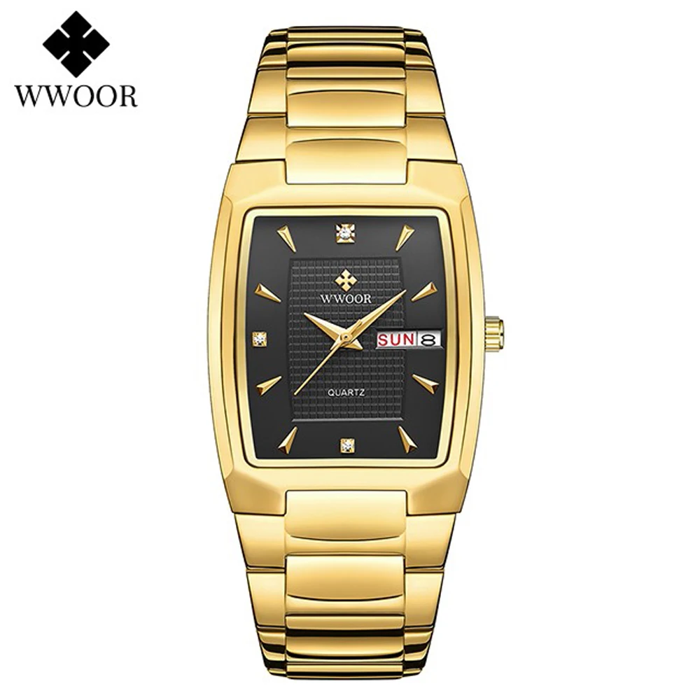 Wwoor 2022 New Square Watch Men With Automatic Week Date Luxury Stainless Steel Gold Mens Quartz Wrist Watches Relogio Masculino