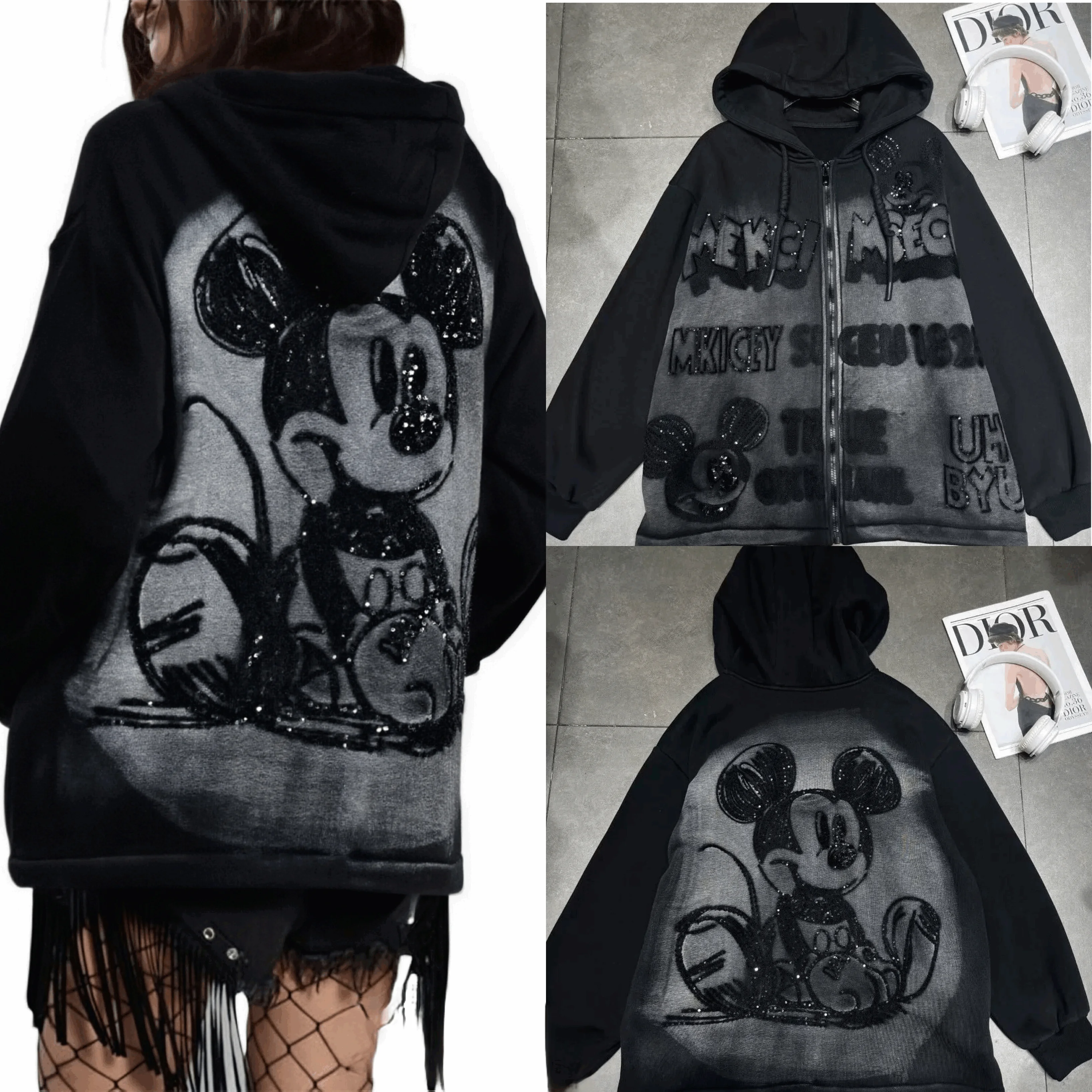 

European and American new Mickey sequin embroidery heavy industry old design thick hoodie jacket hooded fashion