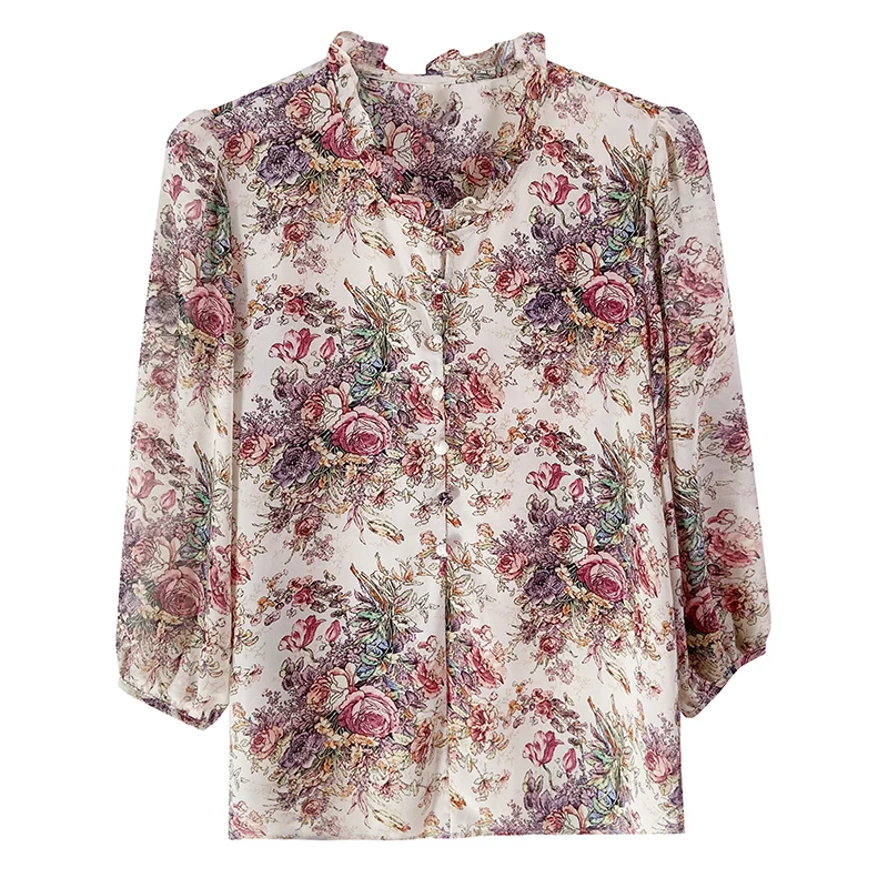 2024 Spring Summer Women Shirt New Fashion Silk Chiffon Blouse Printed Stand Collar 3/4 Sleeve Floral Printed Tops