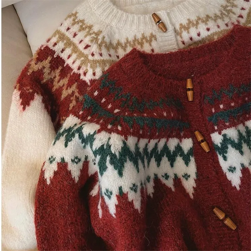 

Cute Holiday Christmas Tree Red Loose Sweater New Fall Winter Fashion Knit Cardigan Top Single Breast O Neck Casual Knitwear