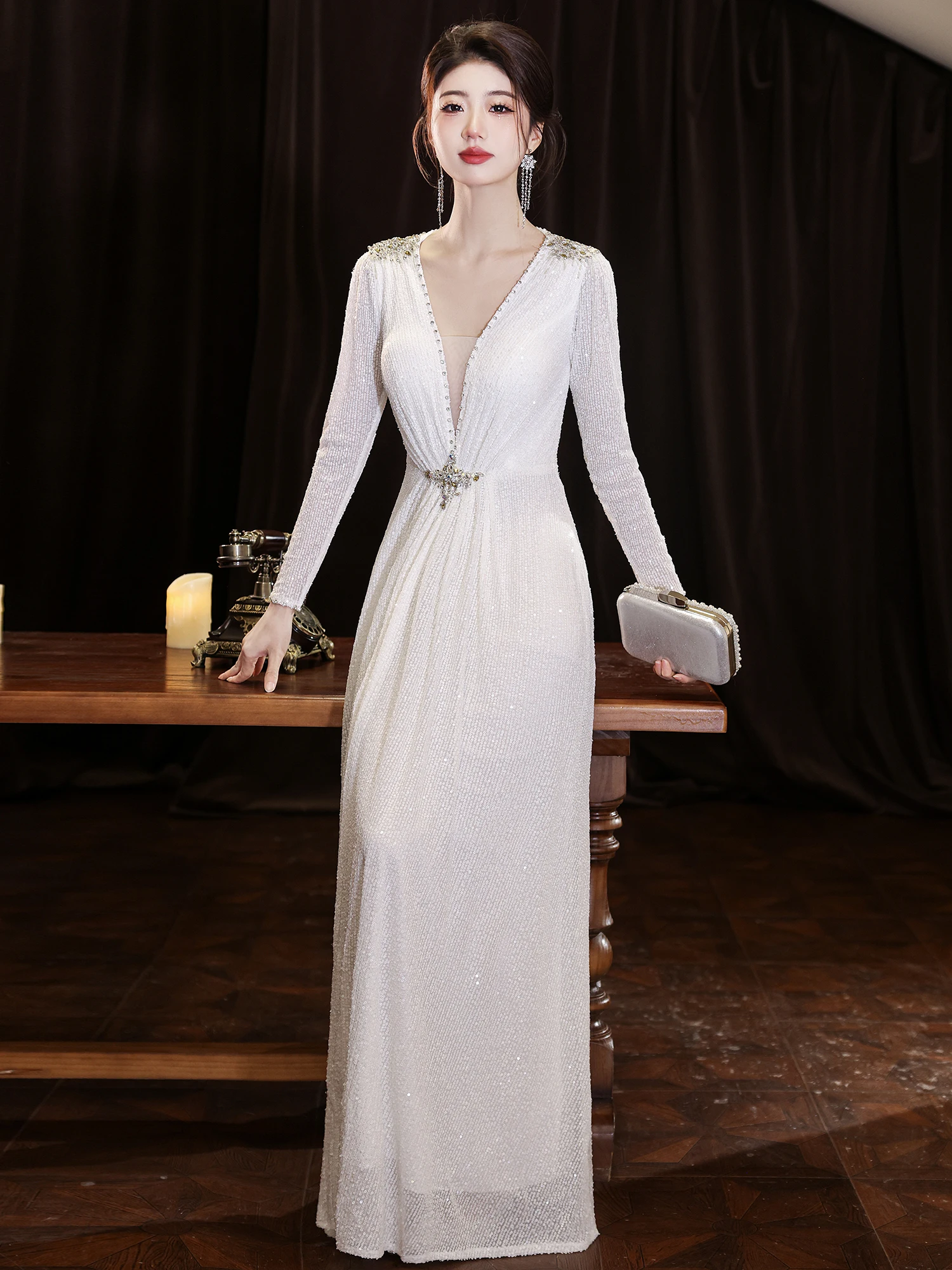 

Ele White Evening Gown Women's High-End Sensation Par Glitter Skirt Long Sve Winter Birthday Anniversary Host