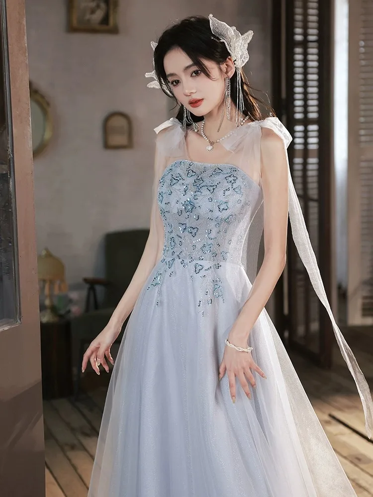 Vestido de noche elegante azul para mujer, vestido de quinceañera con patrón de flores de lujo ligero, diseño francés, vestidos largos hasta el suelo