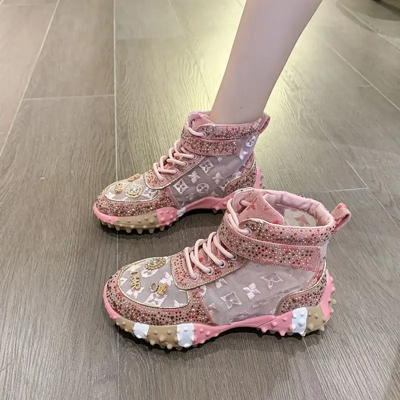 Casual Shoes Rhinestones High Top Sneakers Women Vulcanized All-Match Flat Thick Sole Sneakers Women High-top Summer Fashion Sho