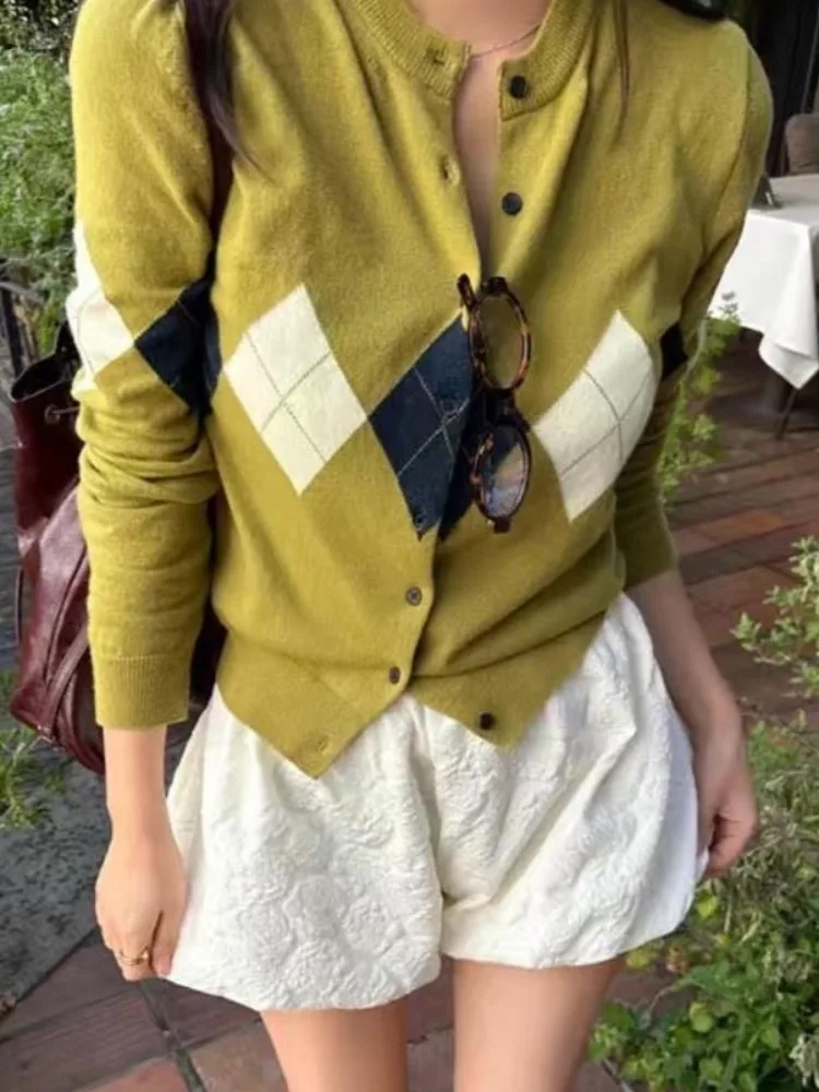 

Ретро цветной вязаный свитер Blo Diamond, женский модный круглый топ на одной пуговице, весна-осень, новое поступление