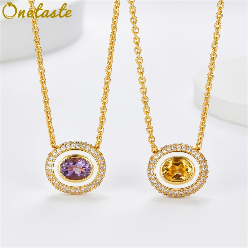 

Ожерелье с подвеской из серебра 925 пробы, позолоченный камень, аметист, цитрин, овальный кулон, женское ожерелье с цирконием, блестящее классическое модное ожерелье
