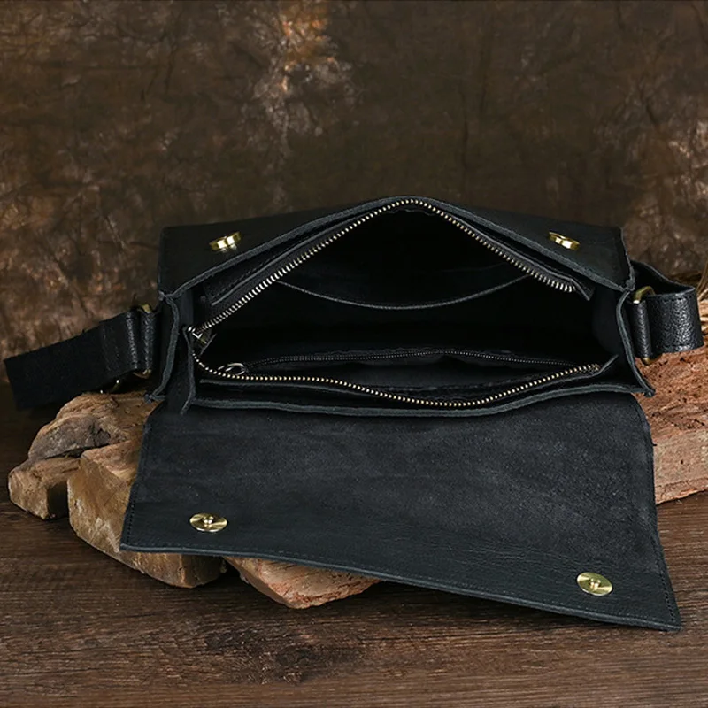 Black Textured Leather Genuine Cowhide Crossbody Shoulder Bags for Men Minimalist Casual Daily Envelope Bag
