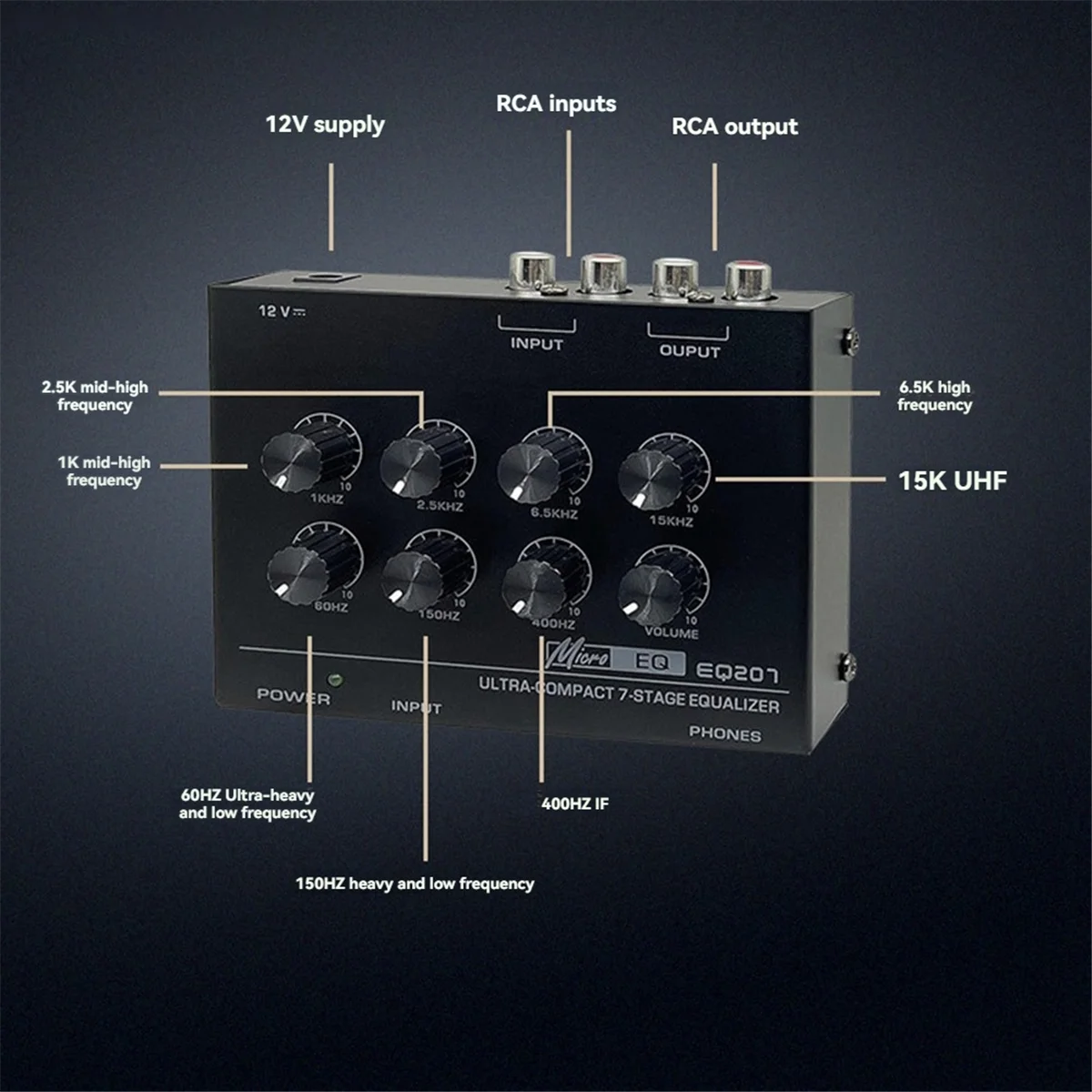 ABJG-Preamp EQ207 Ecualizadores de 7 bandas Modificadores de sonido Mezclador de audio de entrada de alimentación DC12V