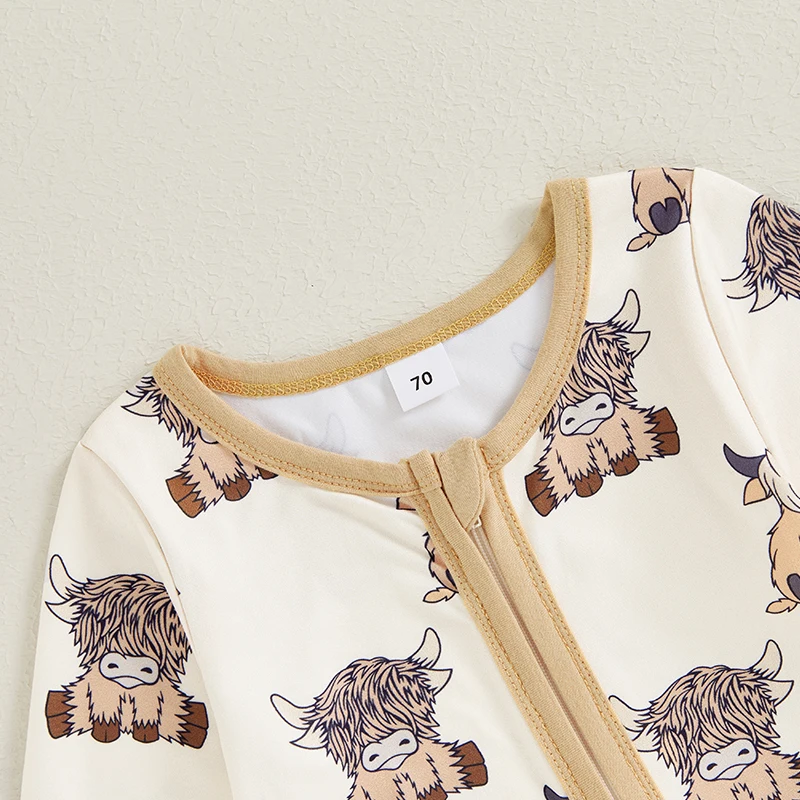 2024-06-01 Lioraitiin 0-18M Autumn Baby Boys Girls Western Footed Jumpsuit Long Sleeve Crew Neck Cow Print Zipper Romper