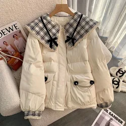 Korean Harajuku Cotton Padded Jackets Women Lightweight Puffer Outerwear Pearl Pocket Oversized Sweet Black Winter Quilted Coats