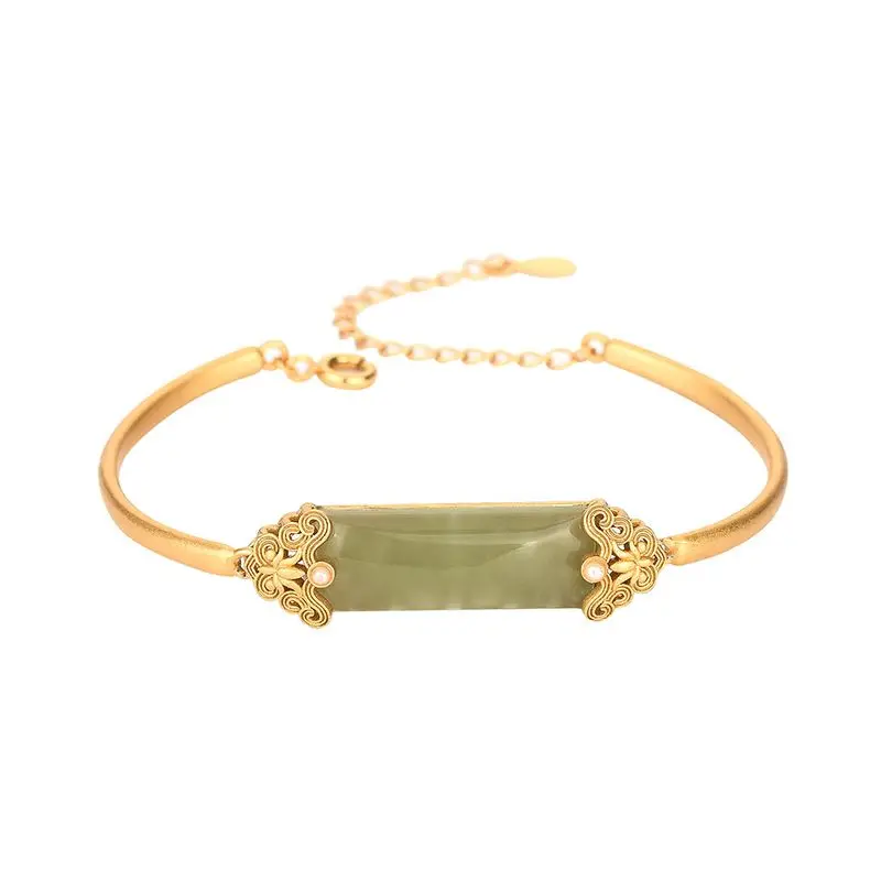 Gilded Ancient Style Carved Chinese Style National Tide Inlaid Imitation  Jade Green Jade Thick Frosted Craft Palace Bracelet