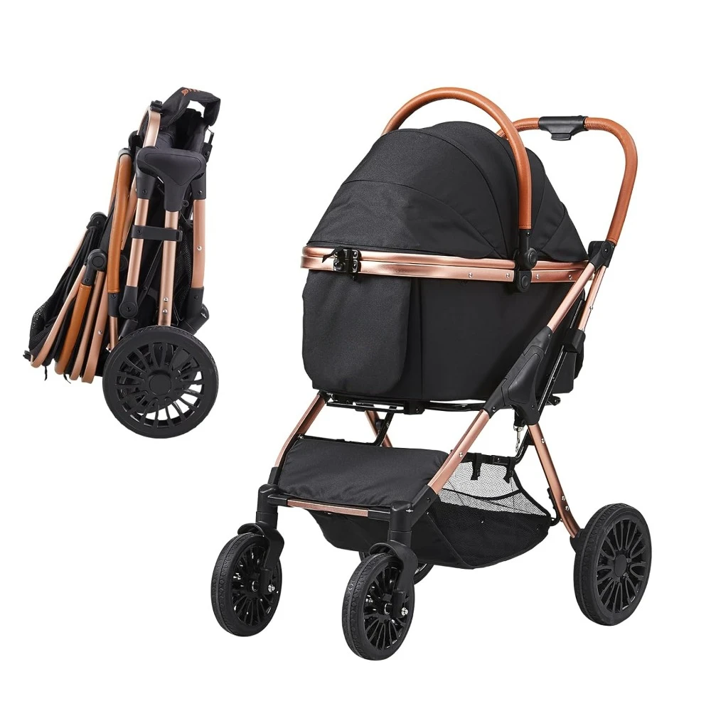 4-wheel dog stroller with brake rotation, 66 pound load-bearing capacity, black with detachable carrier for puppy strollers