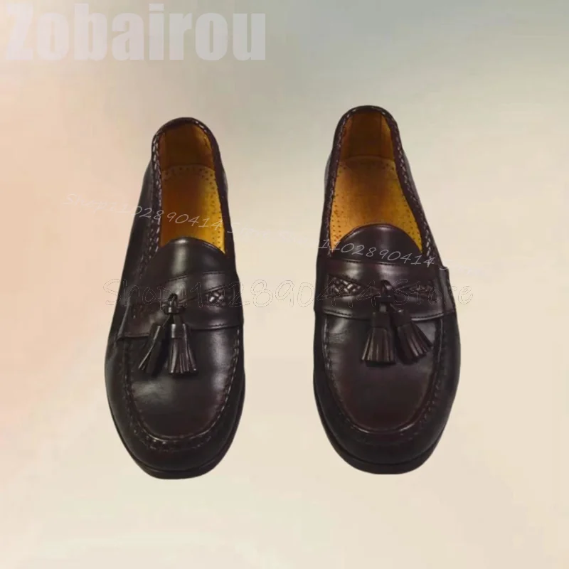 

Burgandy Sewing Design Tassels Decor Penny Loafers Fashion Slip On Men Shoes Luxurious Handmade Party Banquet Men Casual Shoes