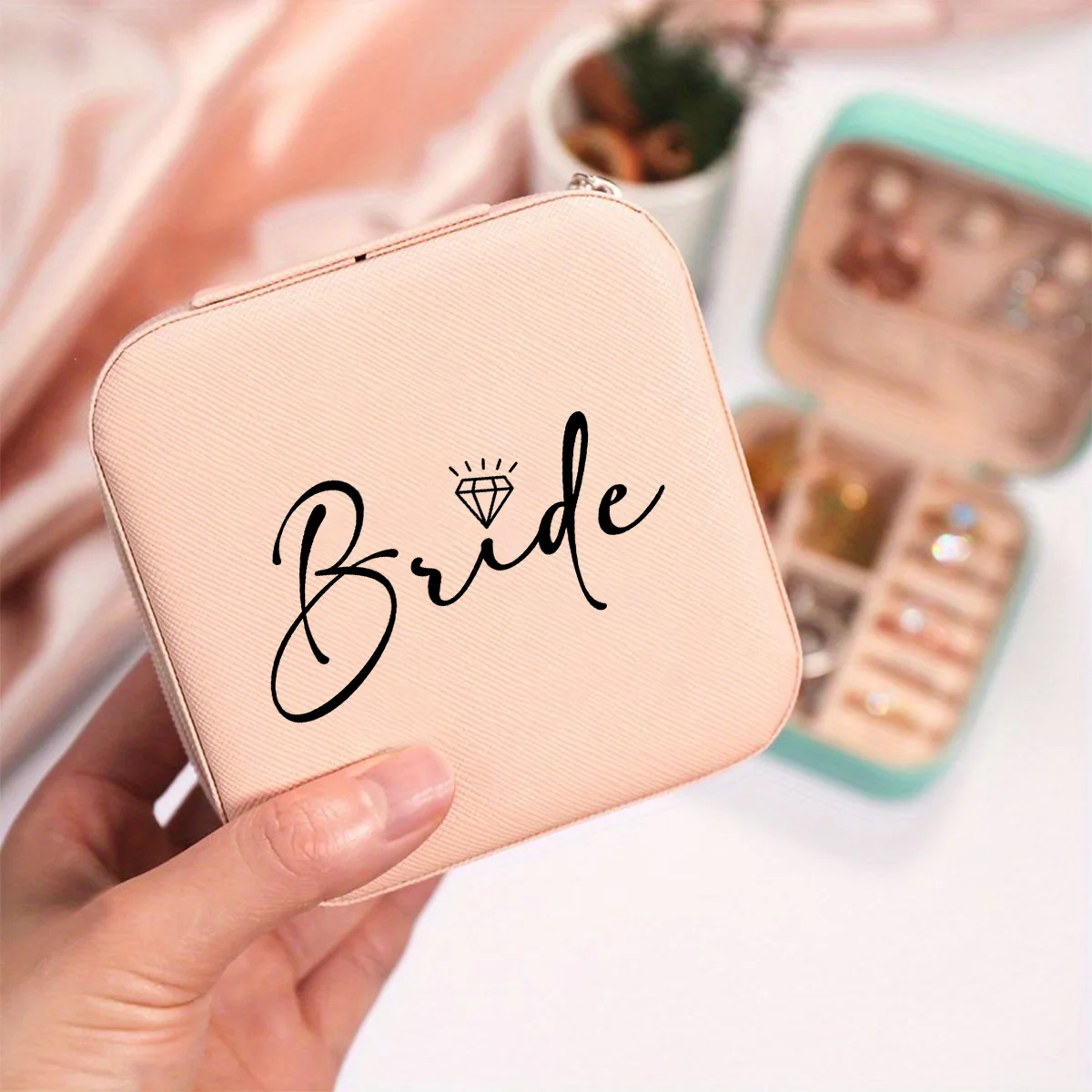 PU leather jewelry box zipper portable travel storage box ring earring jewelry storage box bridesmaid gift