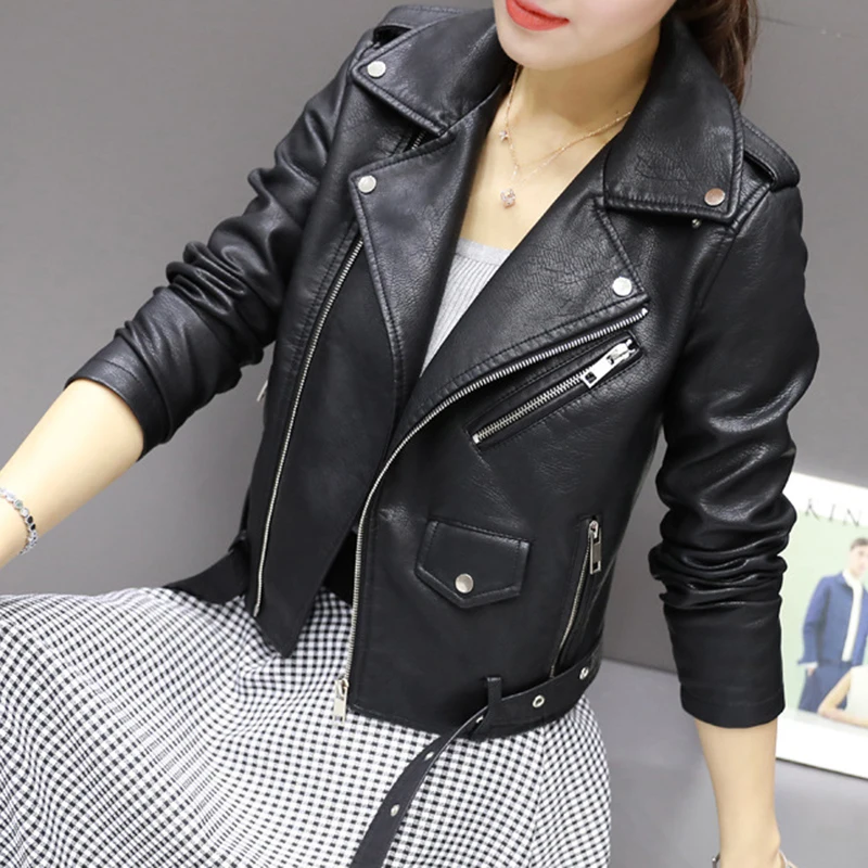 High Quality With Belt Autumn Women Leather Jacket 5 Colors Moto Biker Asymmetric Zipper Female Faux Leather Coat Outwear