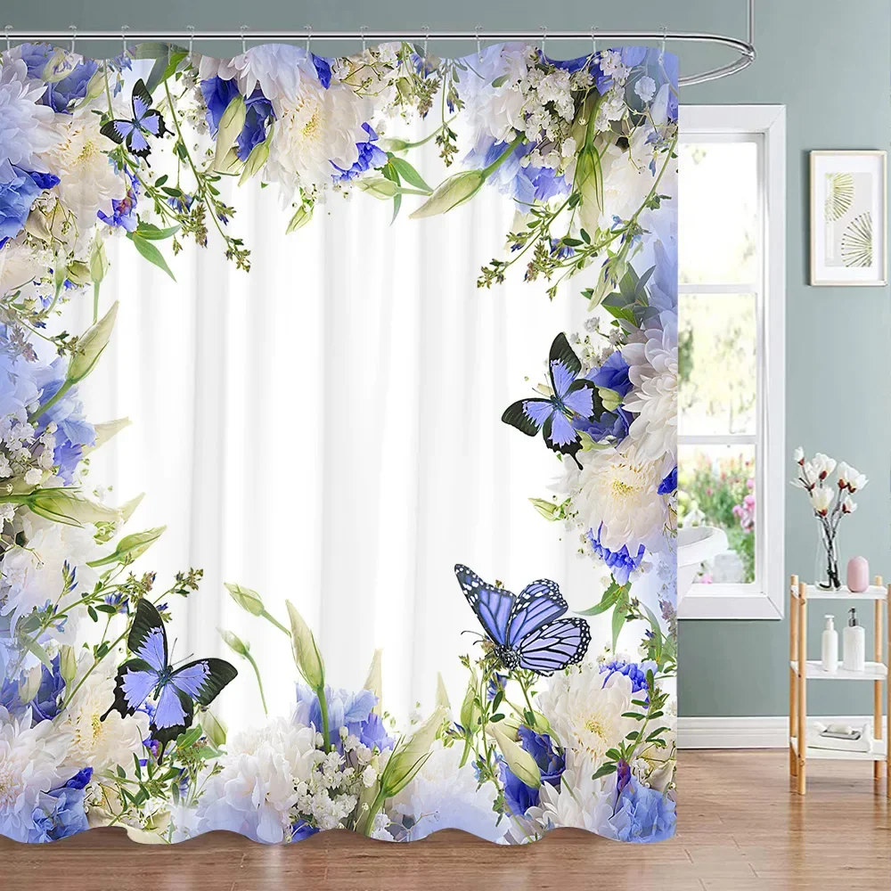 Fresh Floral and Butterfly Shower Curtain Pretty Buds Botanical Spring Peaceful Printed Polyester Shower Curtains Bathroom Decor