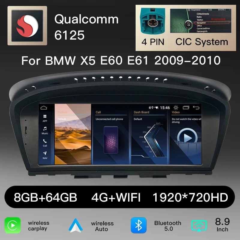 8,9" 1920*720 scherm Snapdragon Wireless Carplay Android 14 autoradio voor BMW 5-serie E60 E61 E62 E63 CCC CIC M5 3-serie E90 E91 E92 E93 CCC CIC 2004-2009 multimedia head unit GPS navigatie head unit
