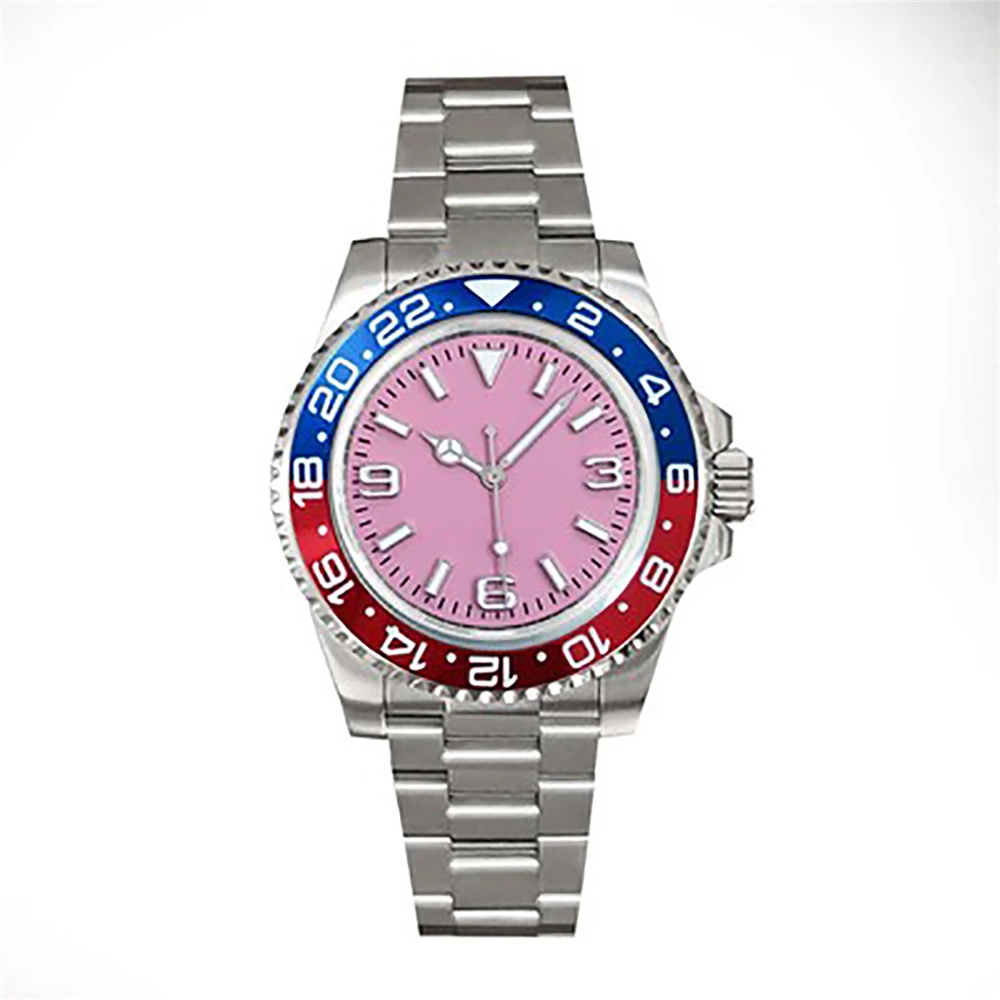 40MM Luminous Men Mechanical Watch Sapphire Glass NH35 Movement 316L Stainless Steel Case Strap Pink Classic 369 Dial