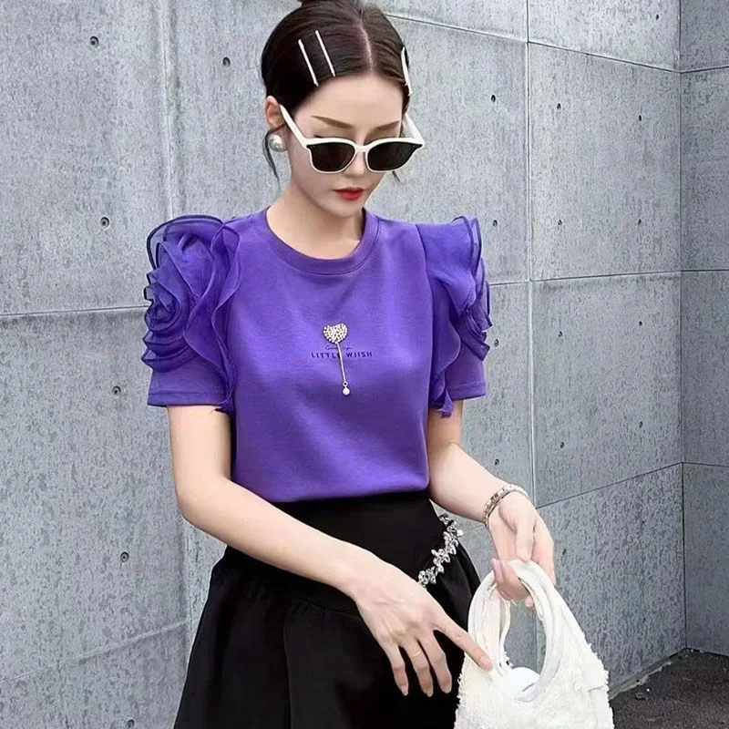 KUSAHIKI Chic 3D Flower Short Sleeve Shirts for Women Fashion O-neck 2023 Summer Camisetas New Chic Graphic T Shirts Y2k Top