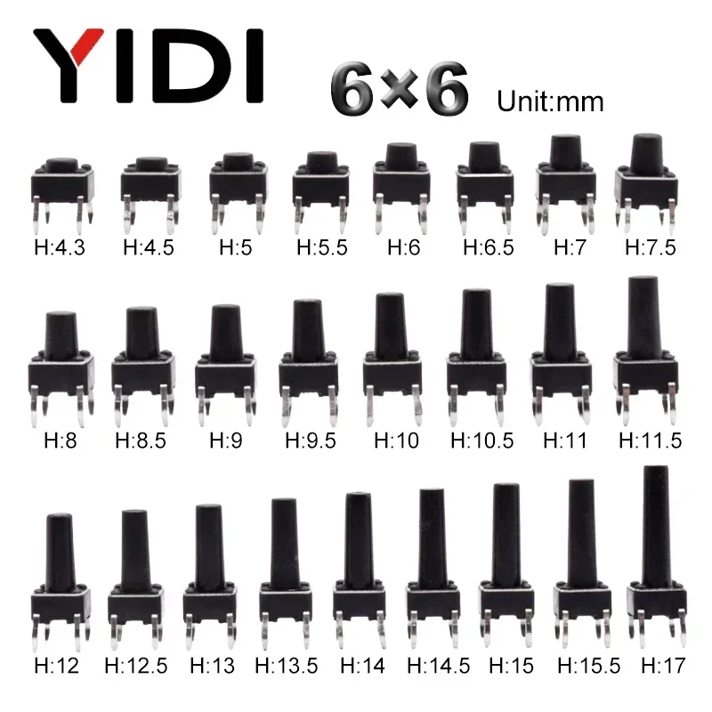 

50pcs 6X6 Panel PCB Tactile Tact Push Button Switch On Off Momentary Reset Microswitch 4 Pin DIP Black H=5/6/7/8/9/10/11/12mm