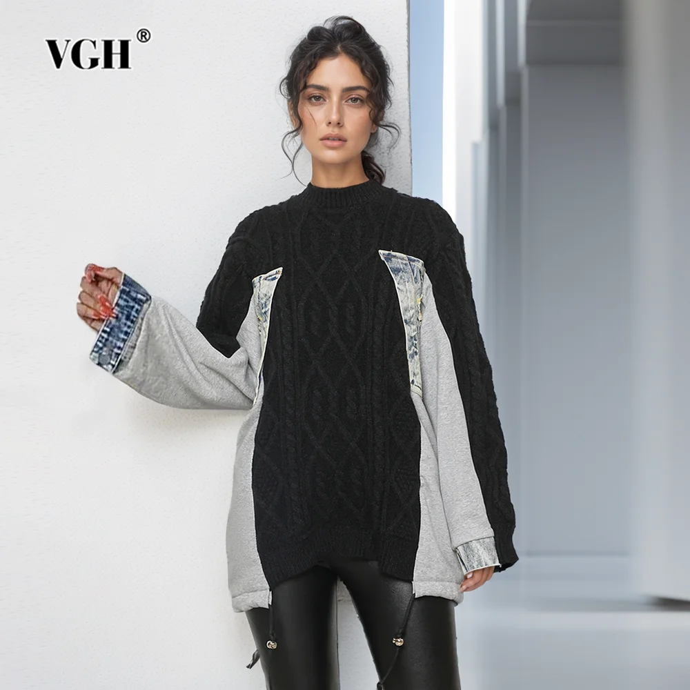 

VGH Casual Knitting Sweaters For Women Round Neck Long Sleeve Patchwork Denim Minimalist Loose Pullover Sweater Female Clothing