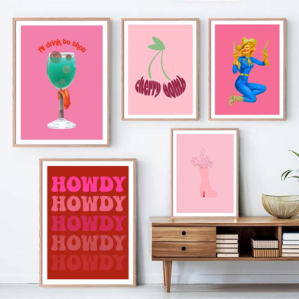 

Pink Retro Minimalism Art Prints Poster Surreal Cocktail Canvas Painting Howdy Cowgirl Wall Pictures Living Room Bar Home Decor