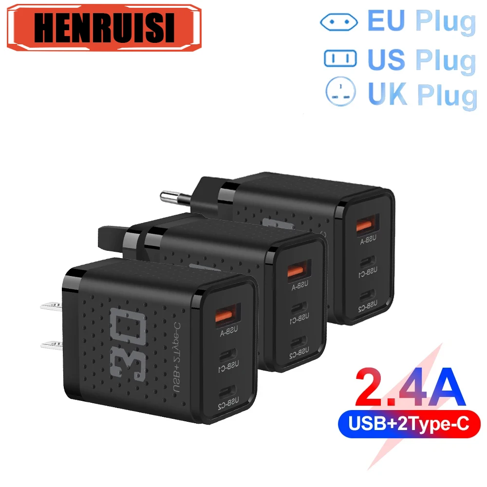 محول شحن فائق السرعة للهاتف المحمول ، USB مزدوج PD ، نوع C ، 3 منافذ ، QC ، EU ، US ، المملكة المتحدة ، قابس ، آيفون 15 ، شاومي ، سامسونج ، هواوي ، 30 وات