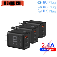 30W Dual PD USB Type C 3 Ports Super Fast Charging QC 3.0 EU/US/UK Plug Mobile Phone Adapter For iPhone 15 Xiaomi Samsung Huawei